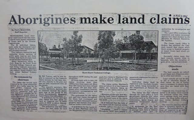 Land claim over Cessnock region by Mindaribba Local Aboriginal Land Council 1986. Newcastle Library